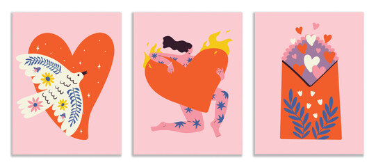 Set of love Valentines cards with woman, heart, pigeon and envelope. Vector design concept for print, postcard, poster.