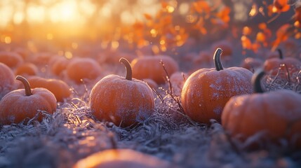 Frosty pumpkins sunrise autumn field harvest