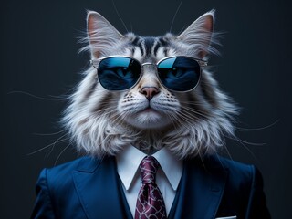 A cat wearing sunglasses and a suit with a tie