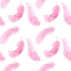 Delicate pink watercolor feather with ribbon beads seamless pattern for girly baby decor, Valentine's Day, wedding. Concept love. Hand drawn illustration white background. Textile, print, wrapping