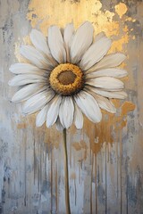 Dramatic floral art displaying white daisy with gold accents abstract style gallery environment close-up view