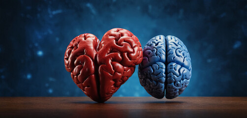 Two brain sculptures are positioned together on a wooden surface, one red and heart-shaped, the other blue and traditional. They symbolize the connection between emotions and intellect