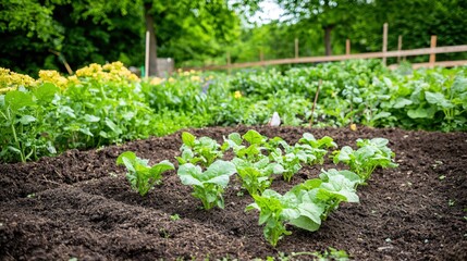 Lush Green Vegetable Garden Plants Growing in Rich Soil