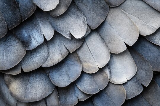 Close-up view of overlapping bird feathers, showcasing intricate texture and muted blue-gray tones. - Powered by Adobe