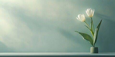 Delicate Single White Tulip with Fresh Green Leaves in Minimalist Home Decor Setting