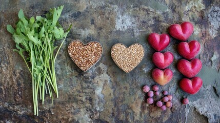 Obraz premium Top view of heart-shaped healthy foods, including whole grains, fresh greens, and vibrant fruits on a rustic table.