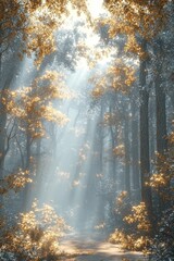 Obraz premium Enchanting sunlight filtering through autumn leaves in a serene forest path captured in a tranquil nature scene