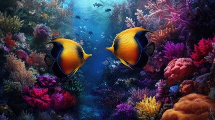 Two butterfly fish gliding near a thriving coral reef, emphasizing the beauty of marine life and ocean exploration.