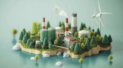 Eco-friendly cityscape with renewable energy and factory structures