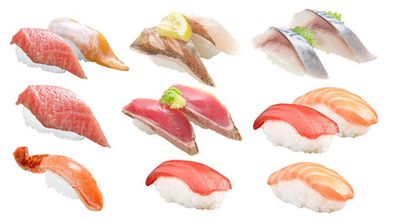 A variety of sushi nigiri on a white background, including salmon, tuna, mackerel, and shrimp. Fresh seafood and rice, ideal for Japanese cuisine visuals.