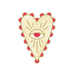 All-seeing eye in the heart surrounded by rays of light. Mexican sacred heart. Evil eye heart charm. Spiritual symbol. Vector illustration.