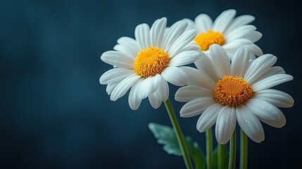 Fototapeta premium Three fresh daisies with vibrant yellow centers against a soft blue background, symbolizing beauty