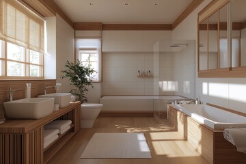 Fototapeta premium Elegant wooden bathroom design featuring natural light and modern fixtures in a serene atmosphere