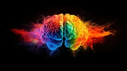 Colorful Abstract Brain with Creative Energy on Black Background