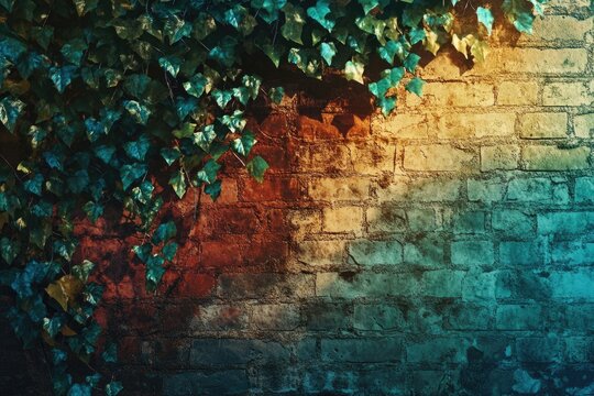 Ivy leaves cascading down a vibrant, multicolored brick wall, creating a captivating natural scene.