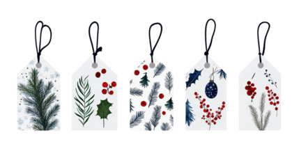 Colorful holiday gift tags with festive designs. transparent background