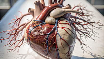 The detailed model of a human heart illustrates its complex structure, including arteries and veins, positioned on a brightly lit surface with a soft background