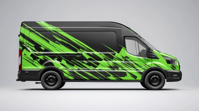 Green-black van design mockup, studio shot, side view, blank background, advertising