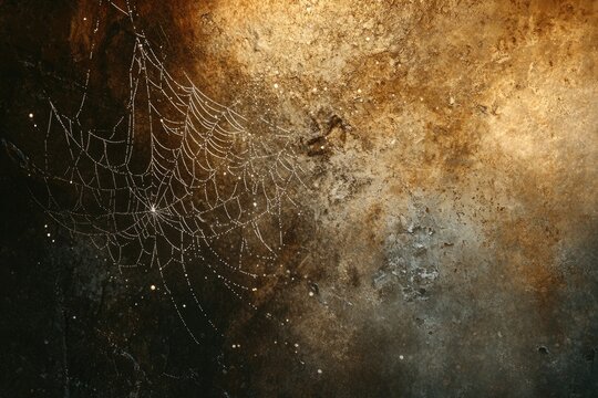 Dew-kissed spiderweb on a textured, dark brown and gold background, creating a mystical ambiance.