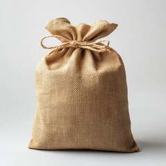 A burlap sack tied with twine against a white background.