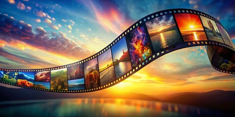 Naklejka premium Surreal Floating Film Strip: Cinematic Photography Concept for Movie Posters