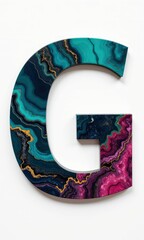 Artistic number or letter crafted with marble-like textures in teal and navy, accented by gold veins on a white background
