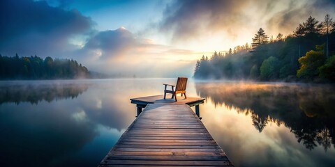 Surreal Foggy Lake: Lonely Chair on Wooden Dock - Ethereal Landscape Photography