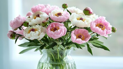 Beautiful Peony Bouquet in Clear Glass Vase on Bright Background