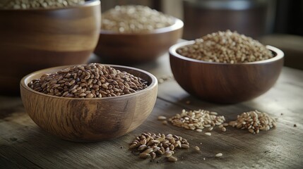 Various raw grains and seeds arranged in a rustic setting.