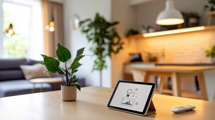Naklejka premium Smart Home Technology Tablet Display in Modern Living Room