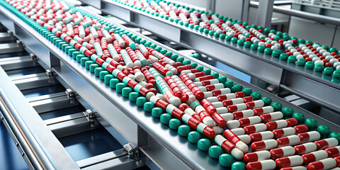 Fototapeta premium Brightly colored capsules are aligned on a conveyor belt within a pharmaceutical factory. The setting highlights the precision and efficiency of medication production