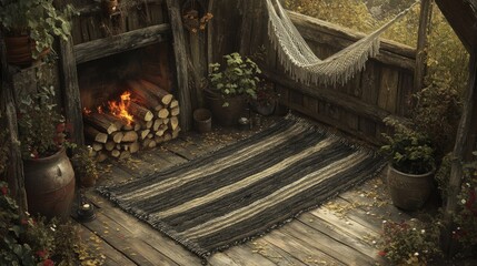 Obraz premium Cozy Rustic Outdoor Space with Hammock and Firewood Arrangements