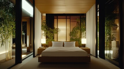 Fototapeta premium Modern Minimalist Bedroom Design with Natural Light and Greenery in Contemporary Style