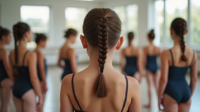 Rear view of a girl with neatly braided hair standing in a dance class with others in matching leotards