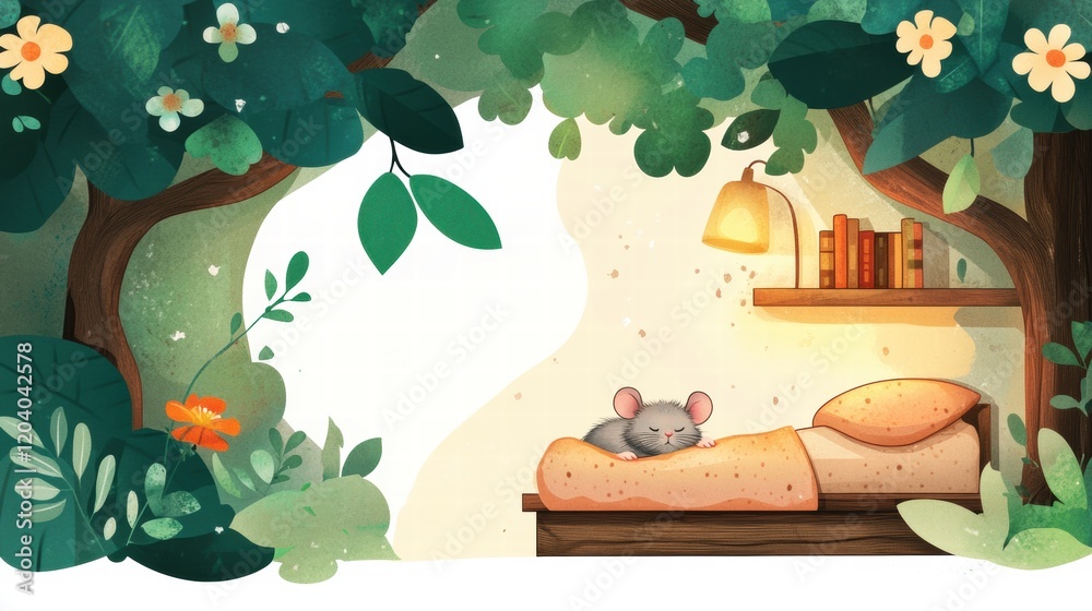 Poster cozy cartoon scene of a mouse sleeping peacefully on a bed surrounded by lush trees and soft lightin