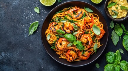A vibrant dish of shrimp pasta topped with fresh basil and accompanied by lime, showcasing a fusion of flavors.