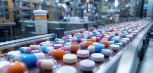 Obraz premium A busy pharmaceutical production line showcases vibrant capsules and tablets moving along a conveyor belt. Workers oversee the manufacturing process in a modern facility