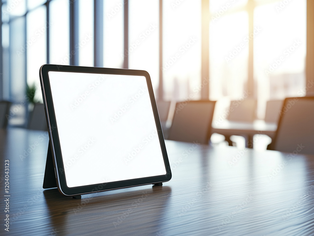 Poster blank tablet with a white screen on a desk in an office with sunlight and blurred background