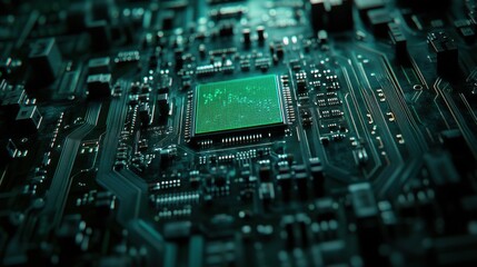 Fototapeta premium Close-Up View of Computer Circuit Board with Green Microchip