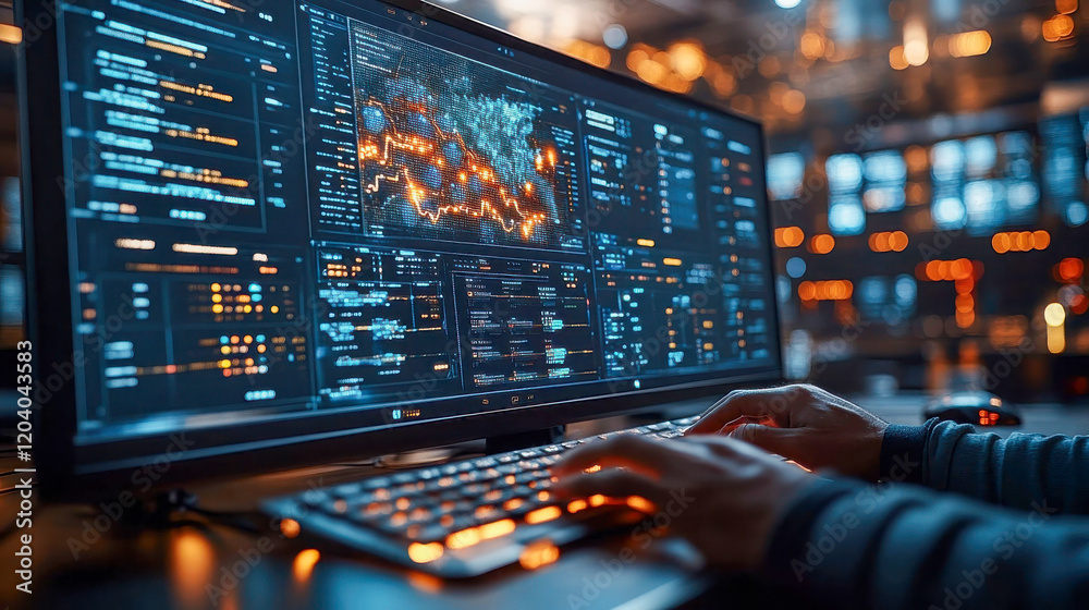 Poster hands typing on a keyboard with vibrant computer screens displaying data, charts, and codes in a hig
