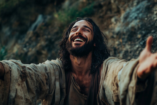 Jesus Christ smiling, raising His hands to heaven in prayer, calling sinners to repentance &ndash; Concept of salvation and divine grace