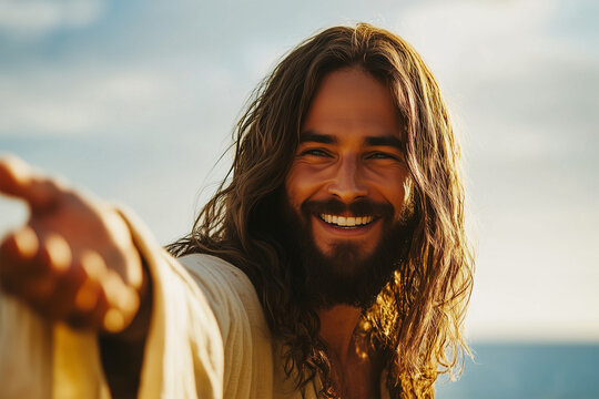 Jesus Christ smiling, raising His hands to heaven in prayer, calling sinners to repentance &ndash; Concept of salvation and divine grace