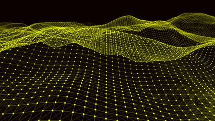 Obraz premium Abstract yellow wireframe mesh on black background, resembling a digital landscape with geometric design