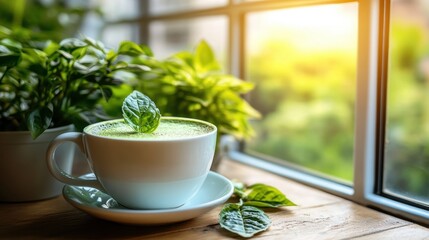 Fresh Green Tea with Mint Leaves on Wooden Table Near Window