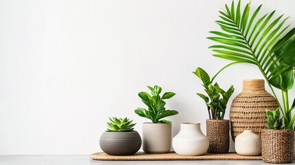 Serene Minimalist Home Decor Green Plants in Stylish Pots on White Wall Background