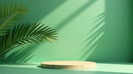 Fototapeta premium Serene Minimalist Display A Light Wooden Circular Platform with Lush Tropical Foliage and Soft Sunlight Shadows on a Pale Green Background