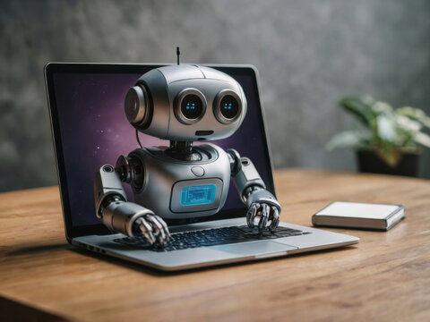 Peque&ntilde;o robot asistente que aparece en la pantalla de una computadora port&aacute;til para ayudarte
