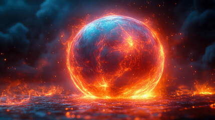 Obraz premium A dynamic fiery and icy circular vortex, blending orange flames and blue ice patterns, floating over a reflective water surface