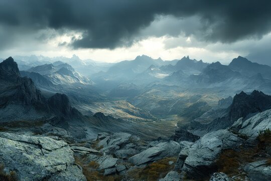 A dramatic landscape with jagged mountains and a stormy sky.