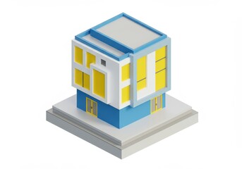 Fototapeta premium A 3D isometric illustration of a modern, boxy building in white and blue tones, with yellow window frames and a flat roof